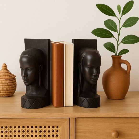African Bookends Vintage Black Ebony Hand Carved Wood Head Art 9in - Picture 9 of 9